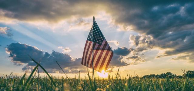 Flag in field at sunset